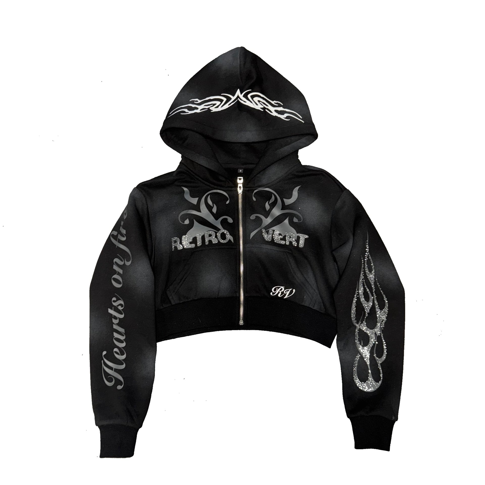 RETRO DISTRESSED CROPPED ZIP HOODIE BLACK