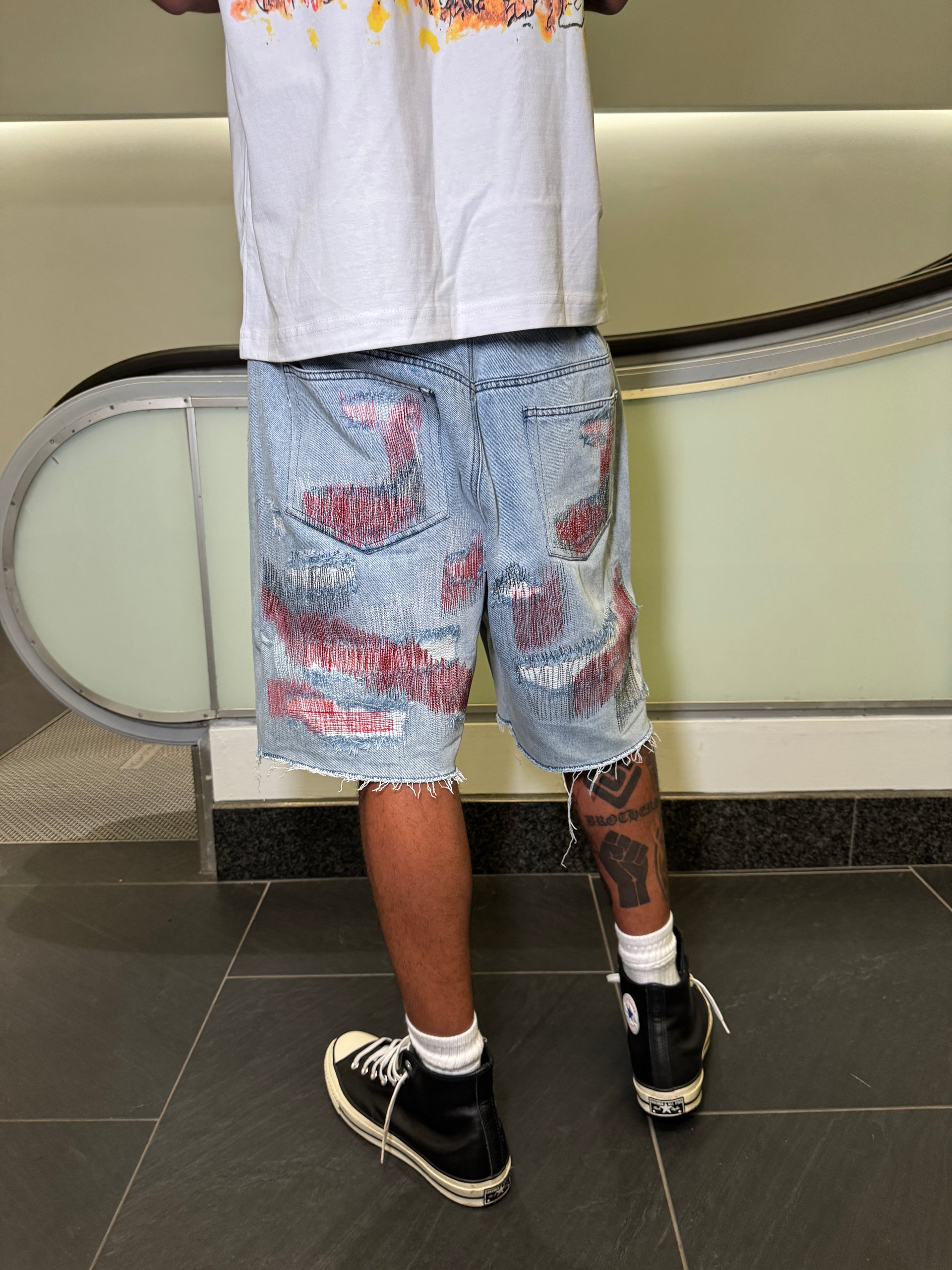 Red Distressed Denim Shorts