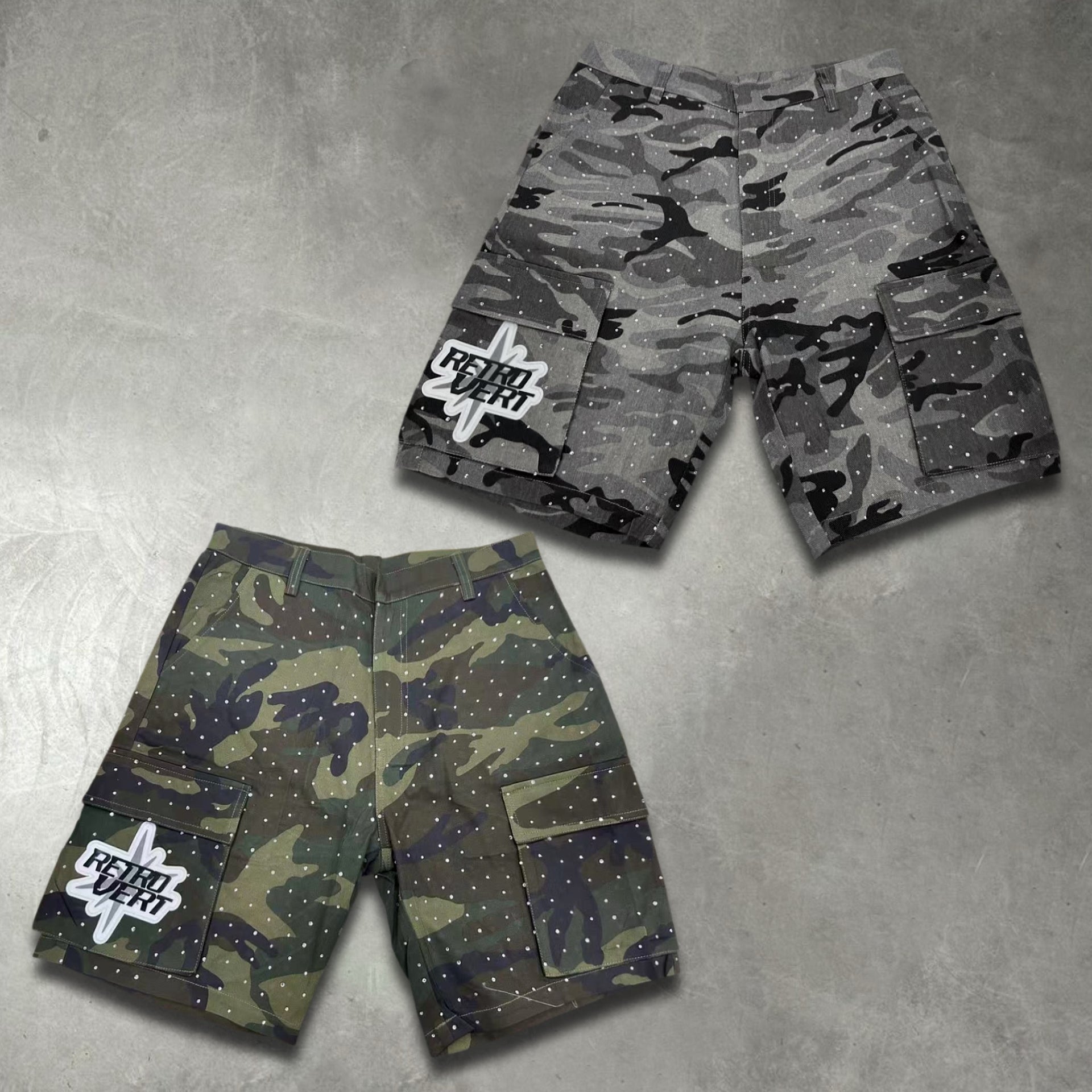 Rhinestone Camo Shorts - Grey