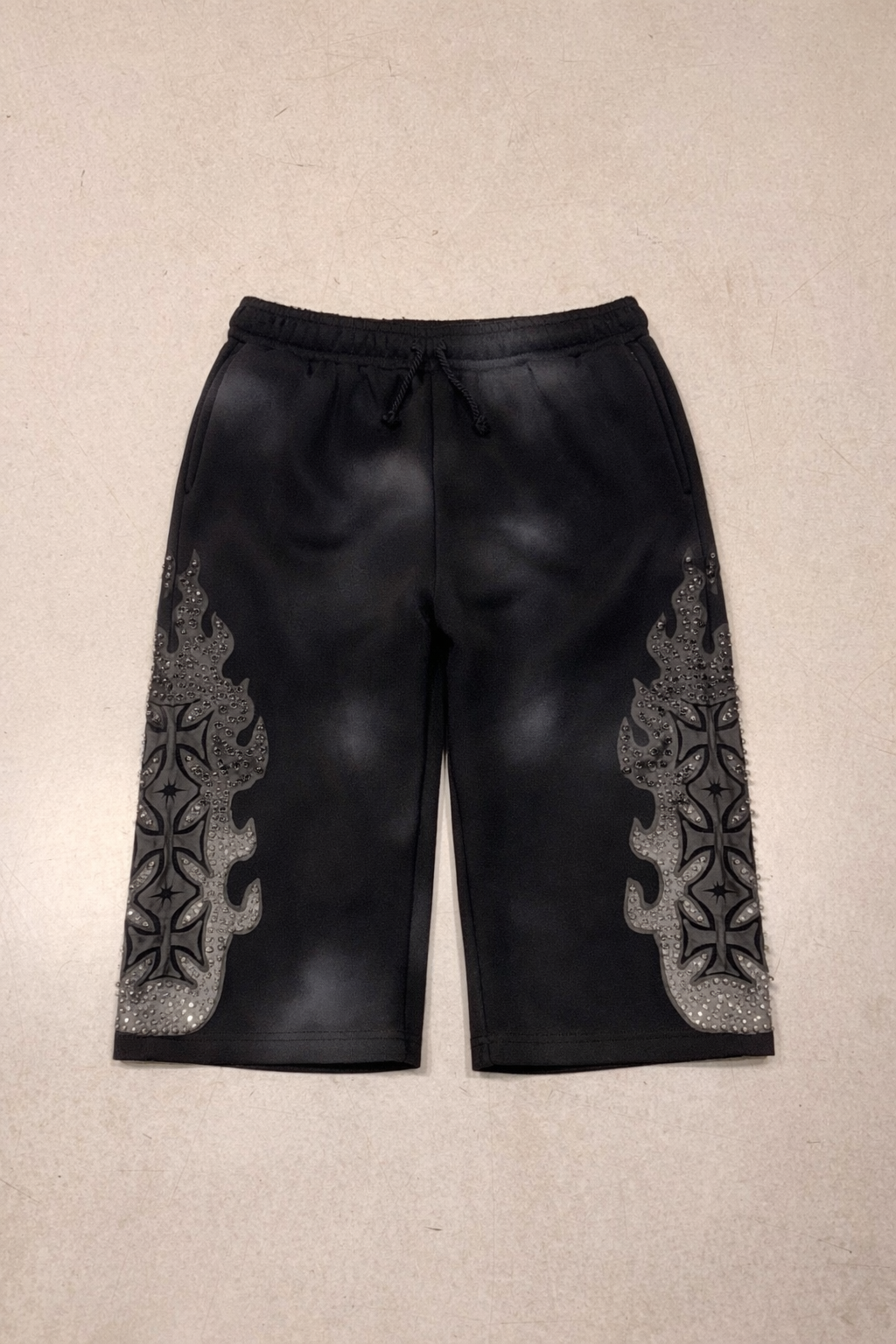 FLAME RHINESTONE SHORTS - BLACK