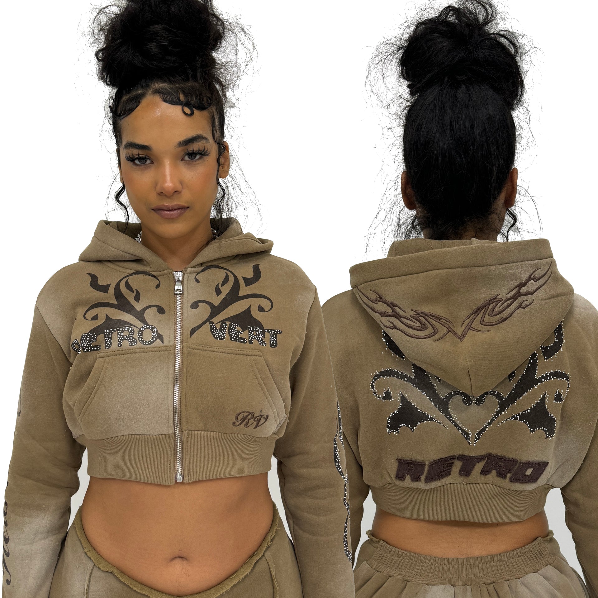 RETRO DISTRESSED CROPPED ZIP HOODIE SAND