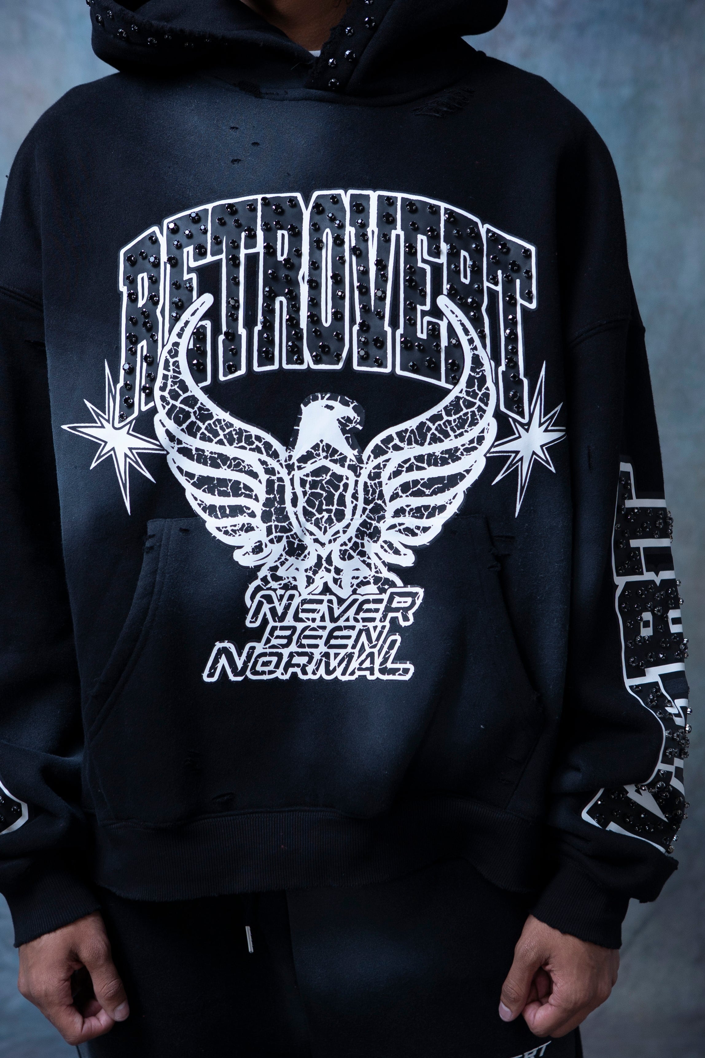 RHINESTONE STAR EAGLE HOODIE BLACK - RETROVERT