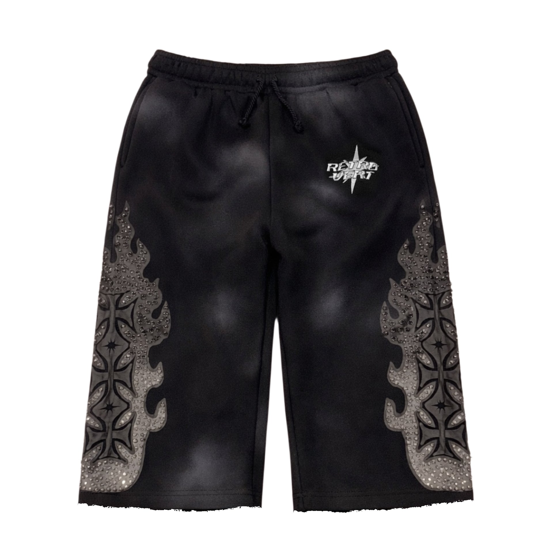FLAME RHINESTONE SHORTS - BLACK