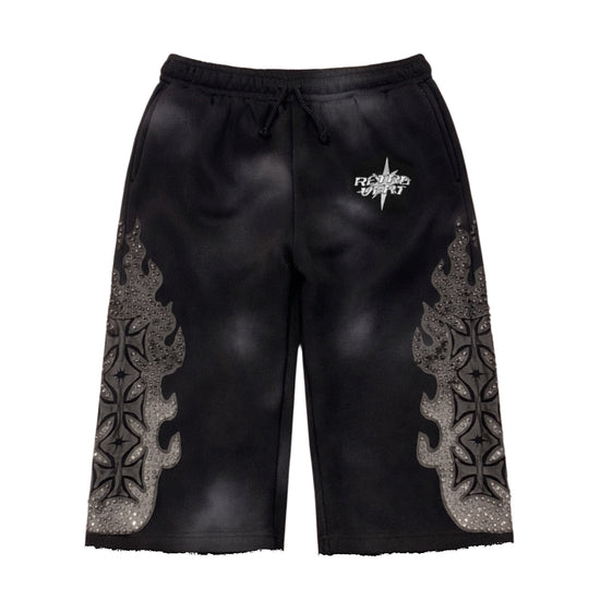 FLAME RHINESTONE SHORTS - BLACK