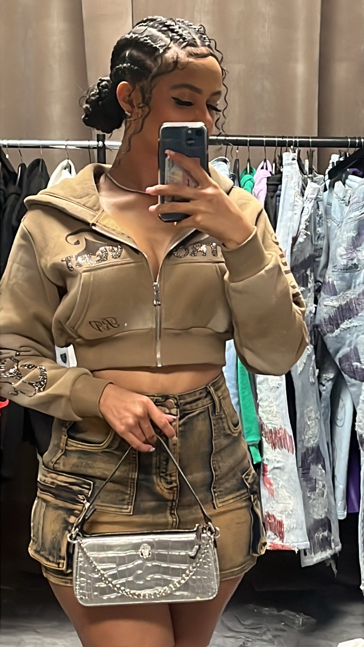 RETRO DISTRESSED CROPPED ZIP HOODIE SAND